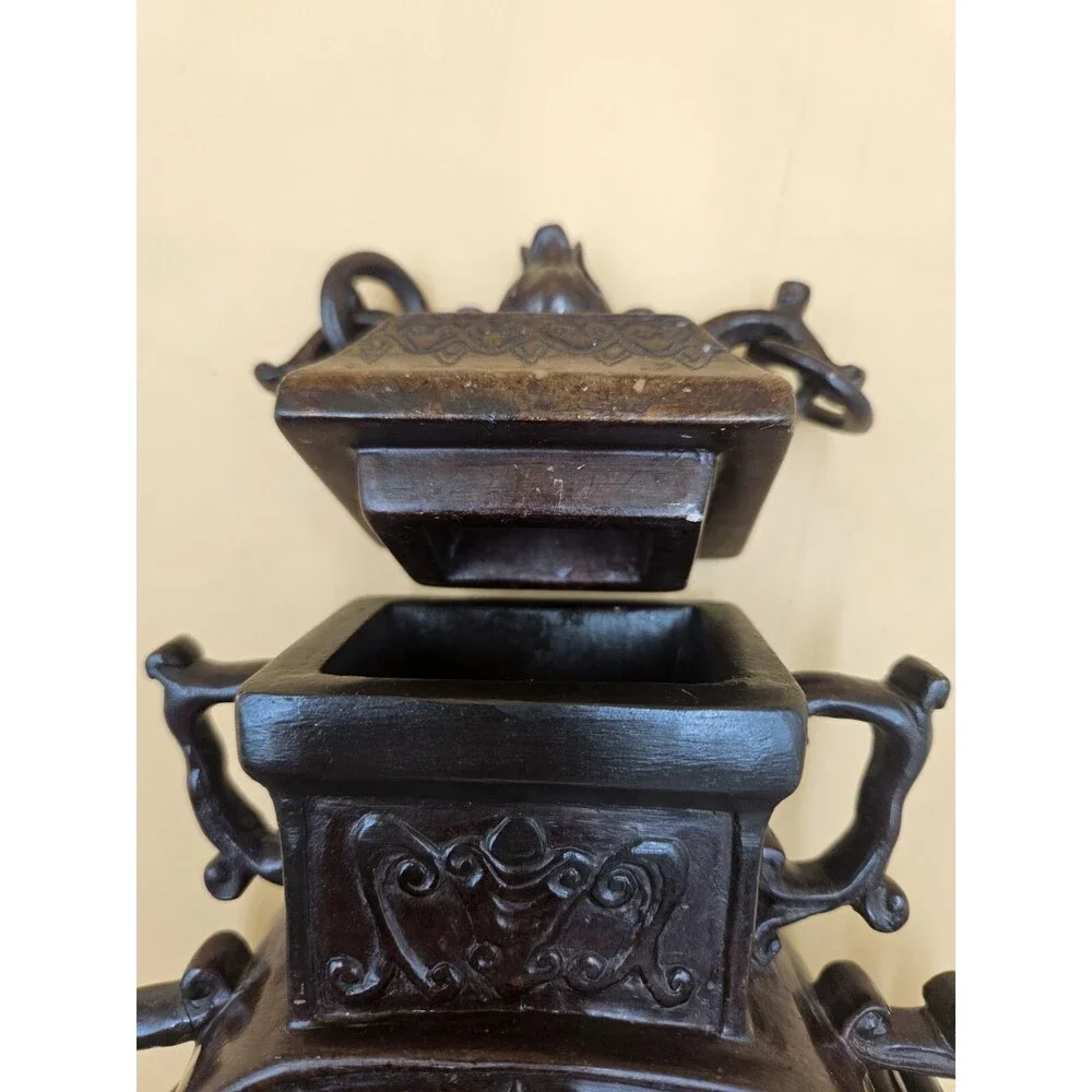 Hand Carved Chinese Jade Imperial Vase Incense Holder Floral Motif Lid Rings
